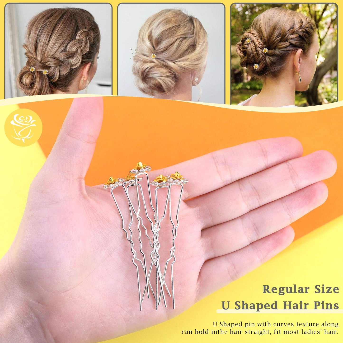 Rustark 40 Pcs Gold Crystal Hair Pins Rose Flower Rhinestone Hair Clips U Shaped Hair Pins Bobby Pins Bun Hairpins for Wedding Bridal Women Hair Jewelry Accessories with Storage Case
