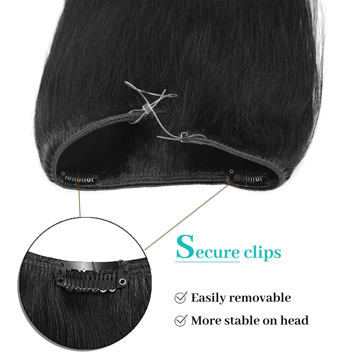 S-noilite Invisible Wire Human Hair Extensions 20inch 70g Secret Hairpieces with 2 Clips Adjustable Headband Fish Line Hairpieces For Women #1 Jet Black