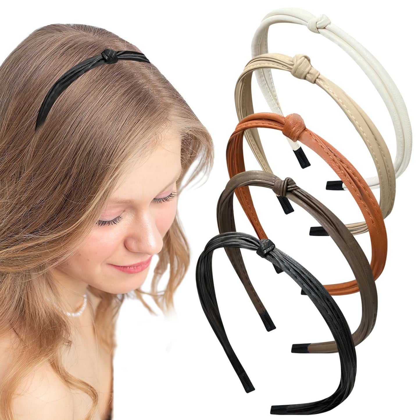 Bmobuo Headbands 5Pcs Thin Leather Hair Bands for Women Knotted Headband for Women's Hair Cute Fashion Accessories, Black Brown White Khaki Orange Dark Brown