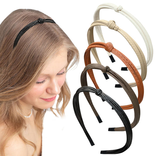 Bmobuo Headbands 5Pcs Thin Leather Hair Bands for Women Knotted Headband for Women's Hair Cute Fashion Accessories, Black Brown White Khaki Orange Dark Brown