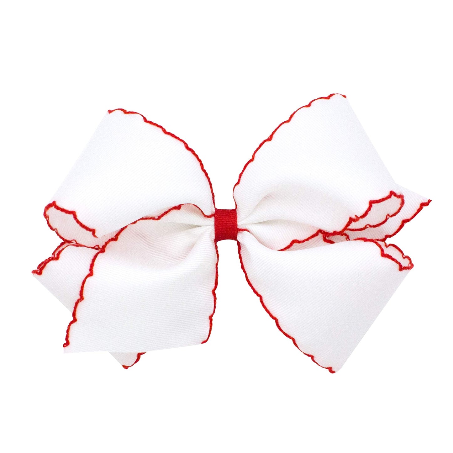 Wee Ones Girls' Grosgrain Hair Bow with Contrasting Moonstitch Edge and Wrap on a WeeStay Hair Clip, King, White with Red