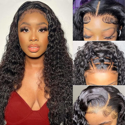 UPIGUILK Glueless HD Lace Front Wigs Human Hair Deep Wave 13x6 HD Lace Frontal Wigs Human Hair Pre Plucked with Baby Hair Curly Wigs for Black Women Human Hair 180% Density Natural Color 16 inch