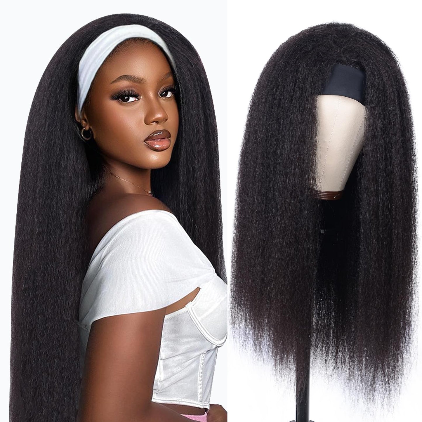 ME-U Headband Wig Human Hair Kinky Straight Guleless Wigs for Black Women Wear and Go 180% Density Yaki Straight Wig No Lace Natural Black Color 28 Inch