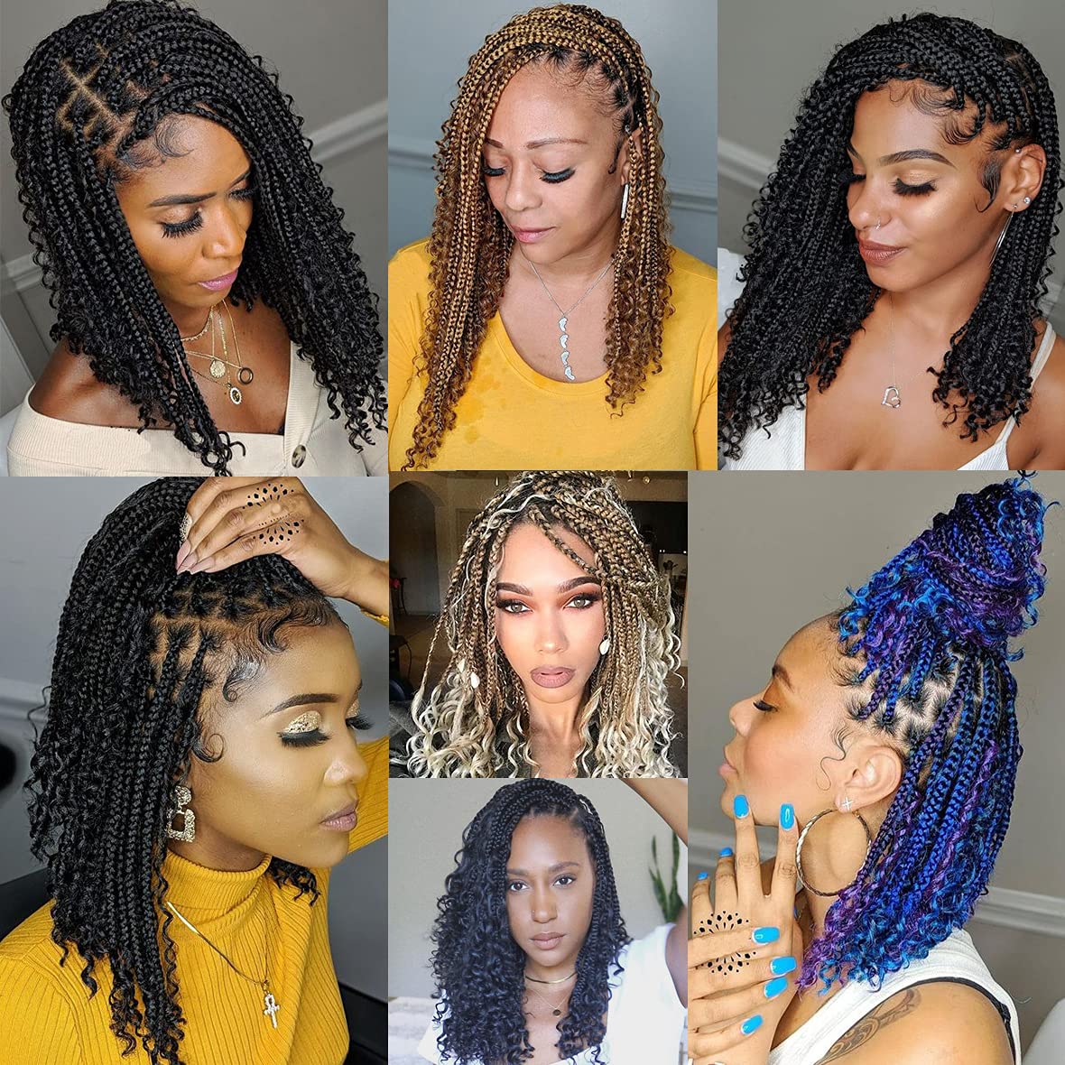Unionbeauty 8 Packs Boho Box Braids Crochet Hair 14 Inch Messy Goddess Box Braids Crochet Hair Curly Ends Pre-looped Individual Synthetic Braiding Hair Bob Bohemian Hippie Braids for Black Woman 1B#
