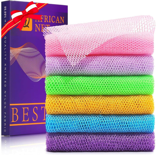 UJFQBH 6 Pieces African Bath Sponge African Net Long Net Bath Sponge Exfoliating Shower Body Scrubber Back Scrubber Skin Smoother,Great for Daily Use (Purple, Purple, Pink, Orange, Blue, Green)