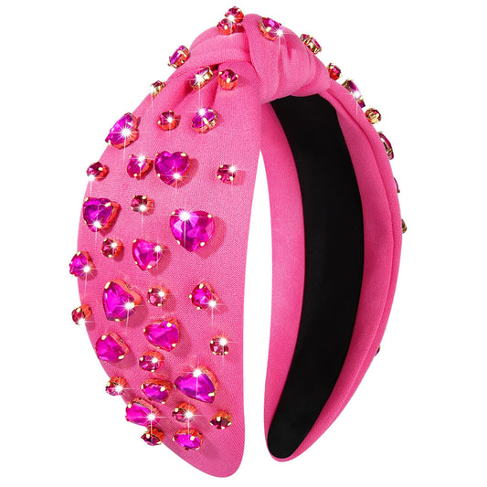 Valentine’s Day Heart Headbands for Women Valentine’s Day Accessories Jeweled Beaded Heart Knotted Headband Pink Red Rhinestone Wide Top Knot Headband Valentine Party Favors Gifts (Heart Headband 3)