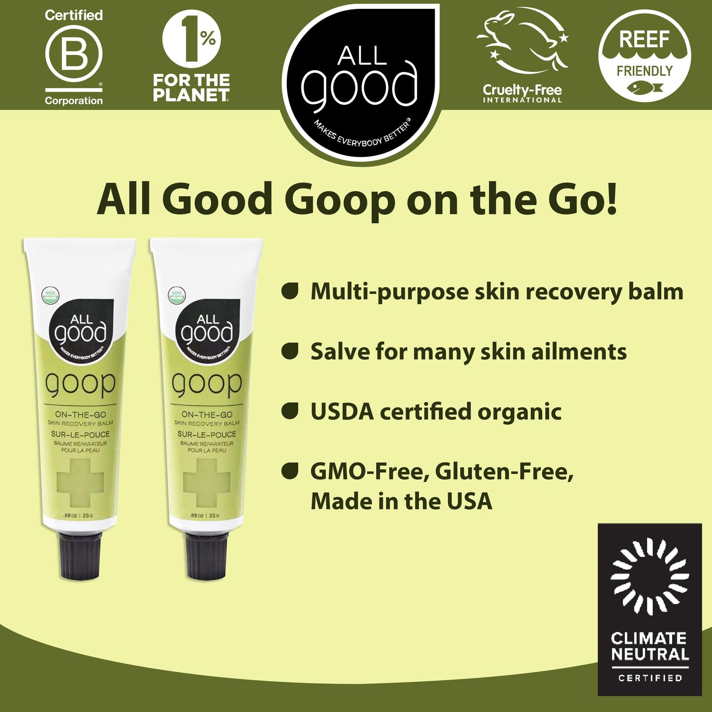 All Good Goop on the Go - Chafing Cream, Dry Skin Salve, Cracking Lip Moisturizer - Soothes, Hydrates & Calms - Travel Size Recovery Balm 1oz (2-pack)