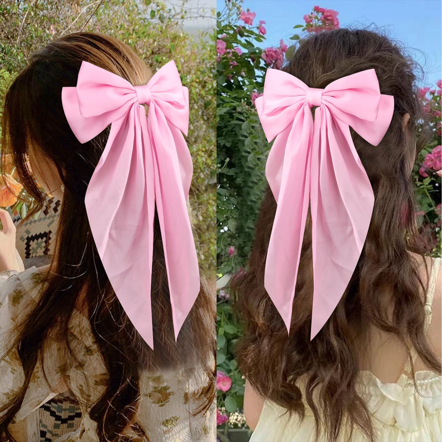 Wecoe 4pcs Pink Satin Hair Accessories for Women - Big Bows, Barrettes, Clips for Wedding, Bride, Party, Gift for Girls