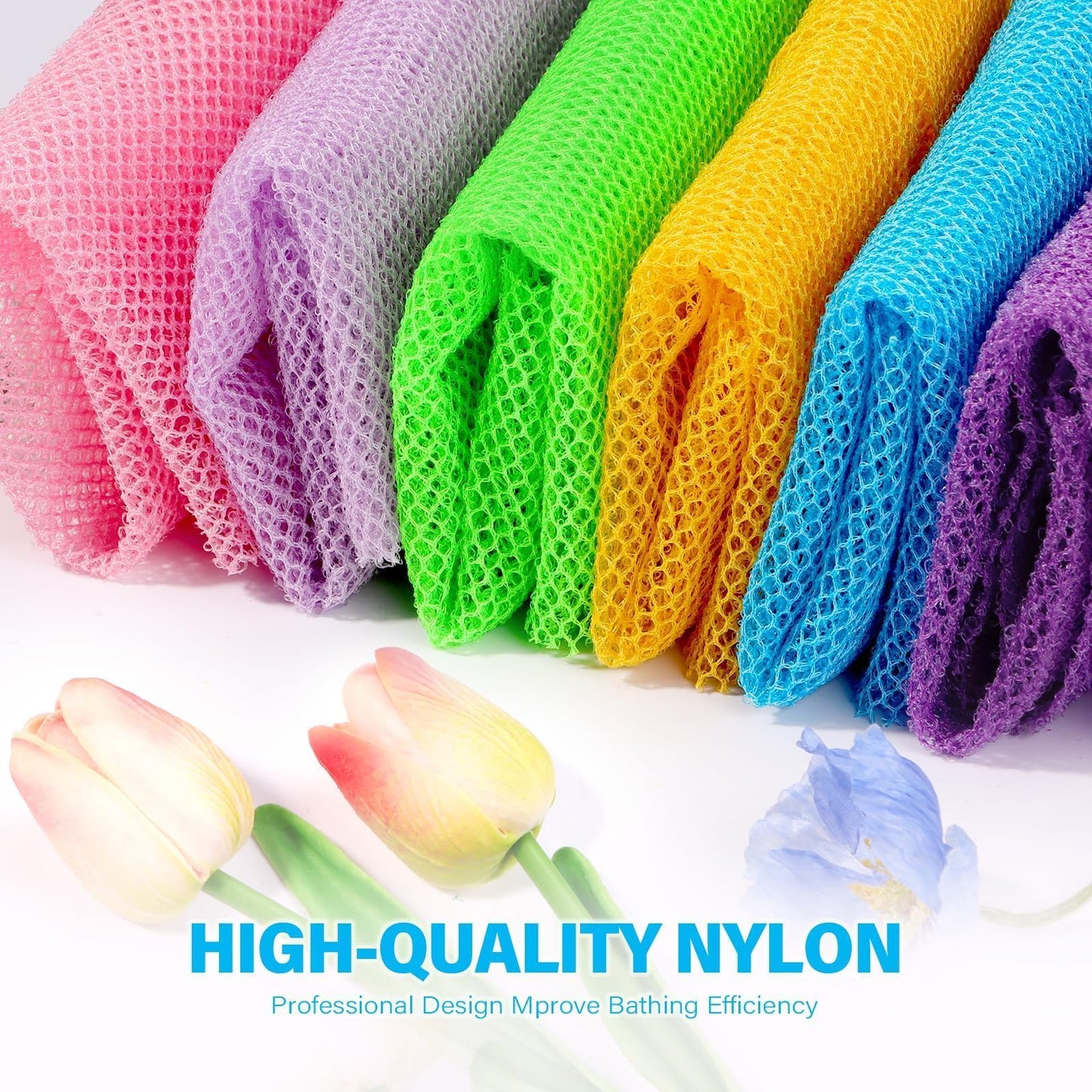 UJFQBH 6 Pieces African Bath Sponge African Net Long Net Bath Sponge Exfoliating Shower Body Scrubber Back Scrubber Skin Smoother,Great for Daily Use (Purple, Purple, Pink, Orange, Blue, Green)