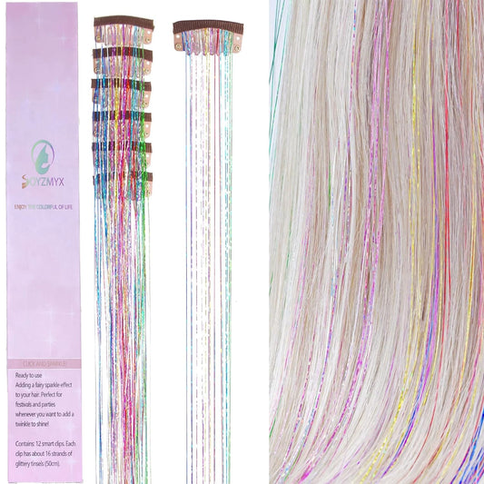 SOYZMYX 12pcs Clip in Hair Tinsel Extensions Sparkle & Highlights for Hair Rainbow-color 20 Inch Dazzle Hair for Party, Christmas Gift for Kids, Girls, Women(Rainbow-color)