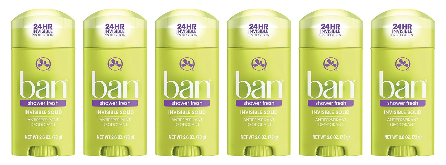 Ban Antiperspirant Deodorant for Women and Men, Invisible Solid, Shower Fresh, 2.60 Ounce (Pack of 6)