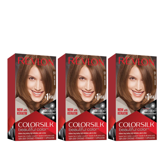 Revlon Permanent Hair Color, Permanent Hair Dye, Colorsilk with 100% Gray Coverage, Ammonia-Free, Keratin and Amino Acids, 51 light Brown, 4.4 Oz (Pack of 3)