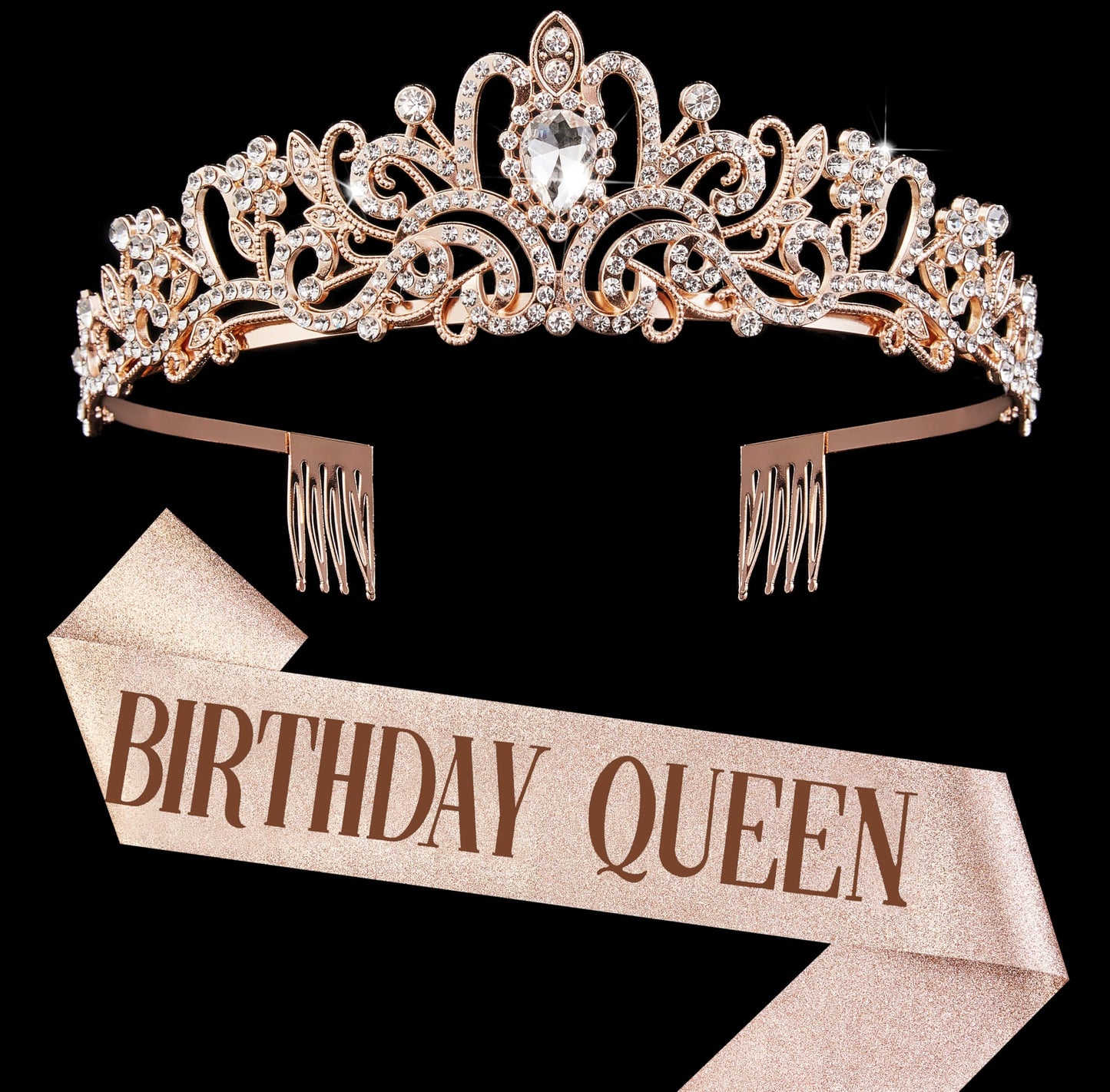 Rose Gold Crown for Women Birthday Queen Sash & Rhinestone Tiara Set Birthday Decoration Rhinestone Headband Glitter Crystal Hair Accessories for Party(Rose Gold1&Sash)