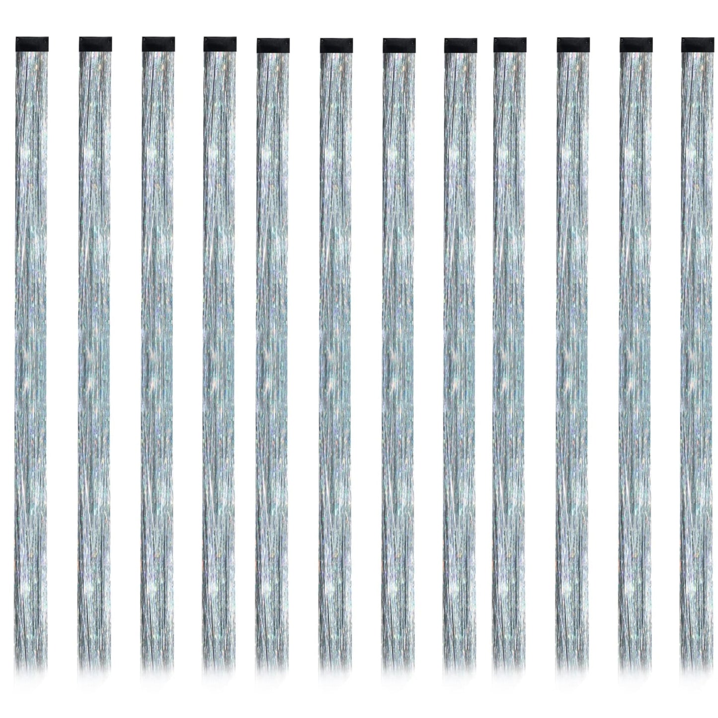 SOYZMYX 12PCS Tinsel Hair Extensions Glitter Hair Extension Clip in Gold Sparkling Fairy Hair Tinsel Kit Shiny Highlights Colorful Heat Resistant Hair Accessories for Girls New Year Party(Silver)