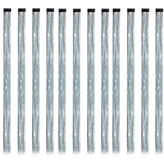 SOYZMYX 12PCS Tinsel Hair Extensions Glitter Hair Extension Clip in Gold Sparkling Fairy Hair Tinsel Kit Shiny Highlights Colorful Heat Resistant Hair Accessories for Girls New Year Party(Silver)