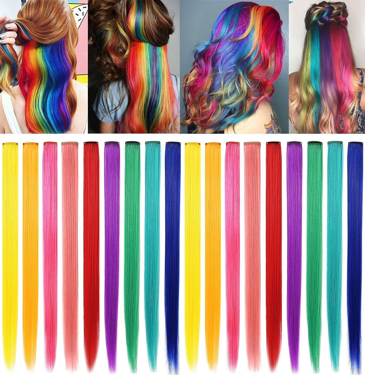 SARARHY 9 Color 18 PCS Multicolored Hair Extensions clip in Kids Highlights 21inch Straight Colored Hair Extension Clip In For Girls and Women Party Rainbow Wig Hairpieces