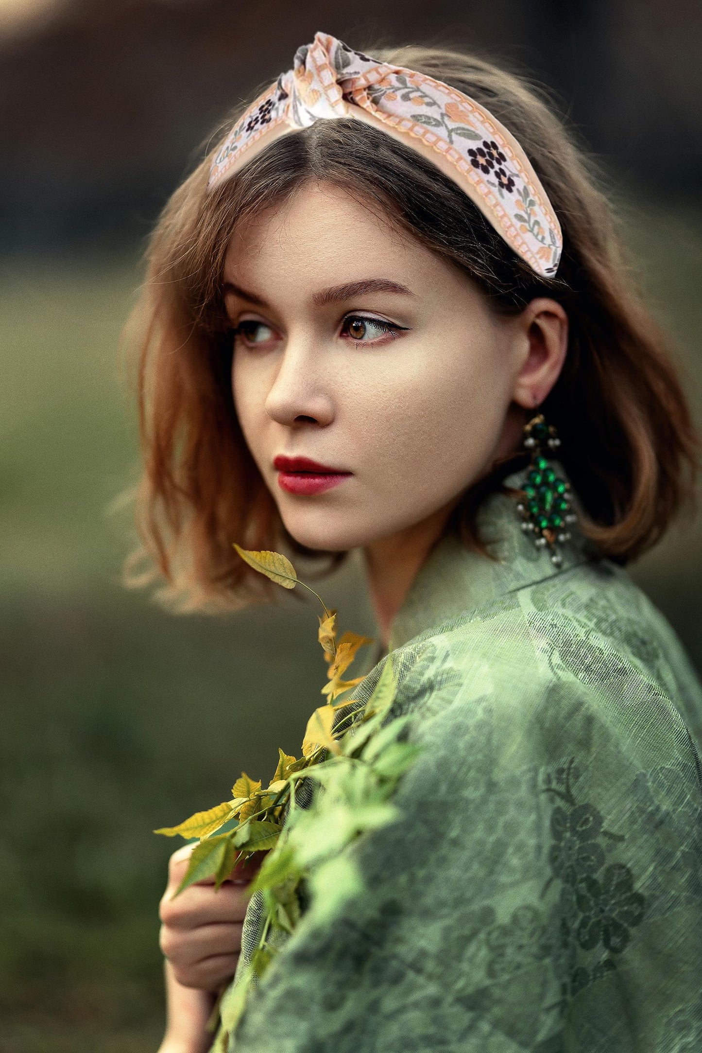 OUTVIE Boho Knotted Apricot Headband with Handmade Lace Embroidery Floral Metal Headband for Girls Womens