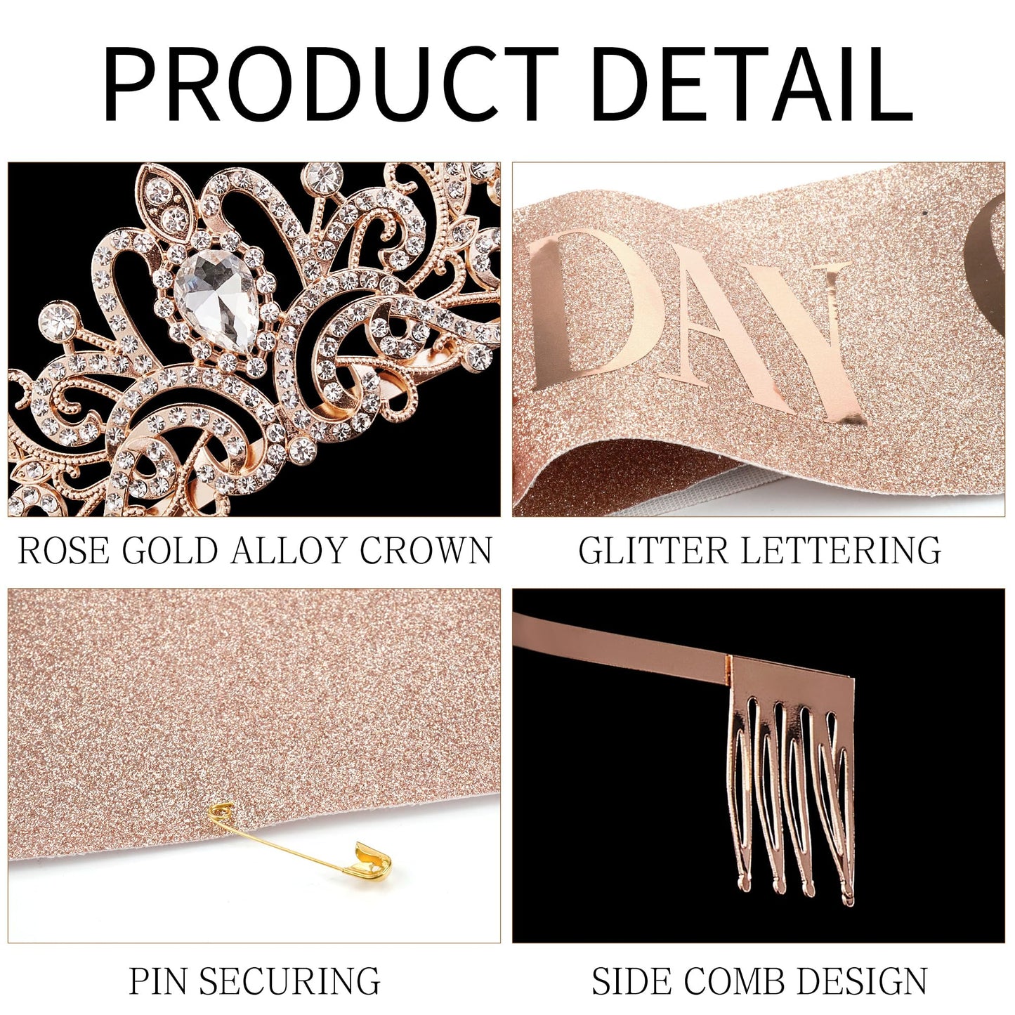 Rose Gold Crown for Women Birthday Queen Sash & Rhinestone Tiara Set Birthday Decoration Rhinestone Headband Glitter Crystal Hair Accessories for Party(Rose Gold1&Sash)