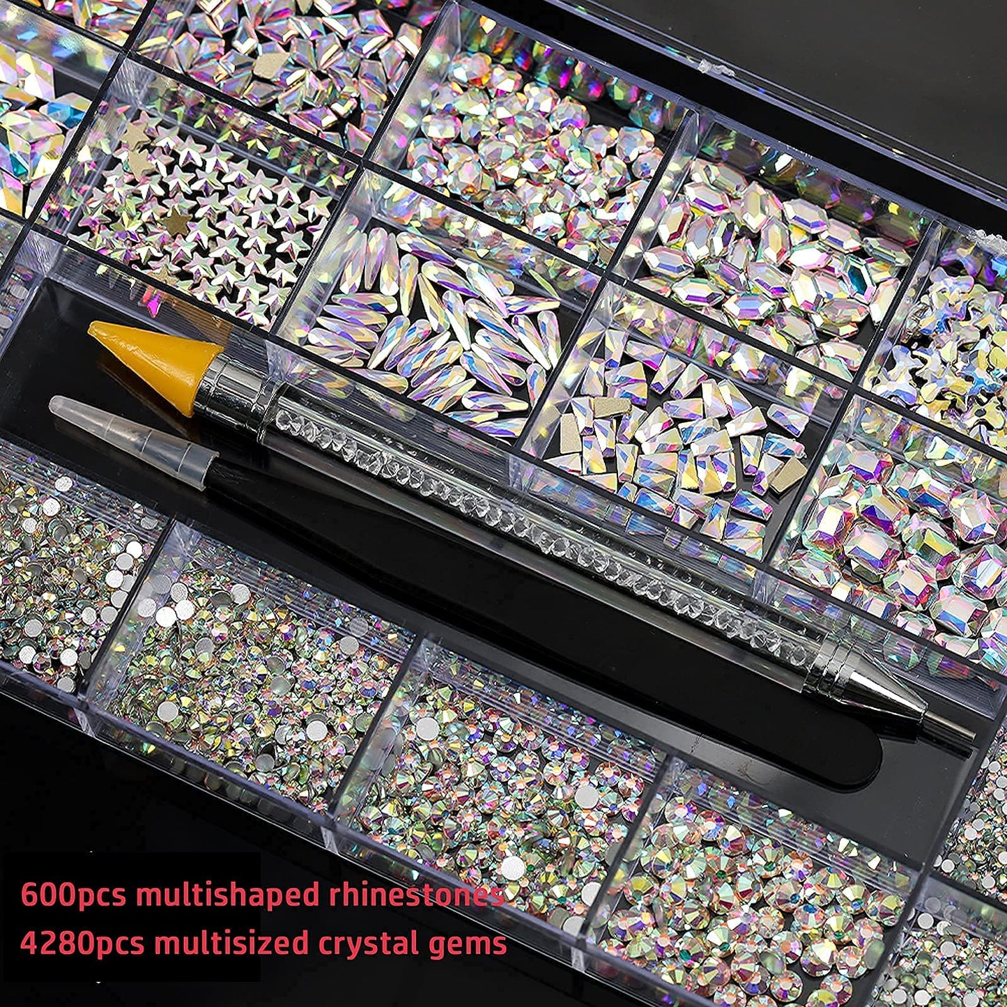 4880Pcs Rhinestones for Nail, AB Champagne Crystal Nail Rhinestones Set, Nail Round Beads Flatback Glass Gems Stones, Multi Shapes Nail Rhinestones for Nail DIY Crafts Clothes Shoes Jewelry