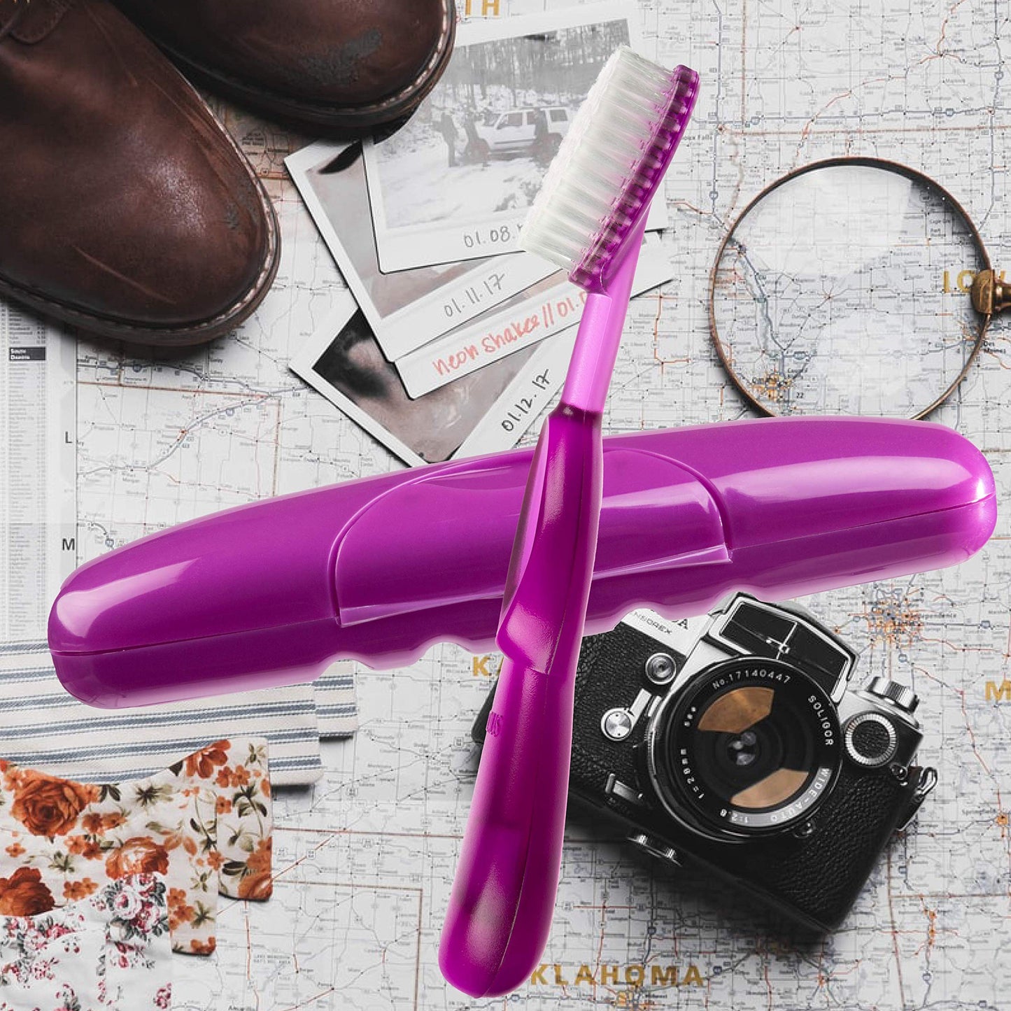 RADIUS Toothbrush Original Big Brush, BPA Free ADA Accepted - Right Hand - Purple Brush with Purple Case