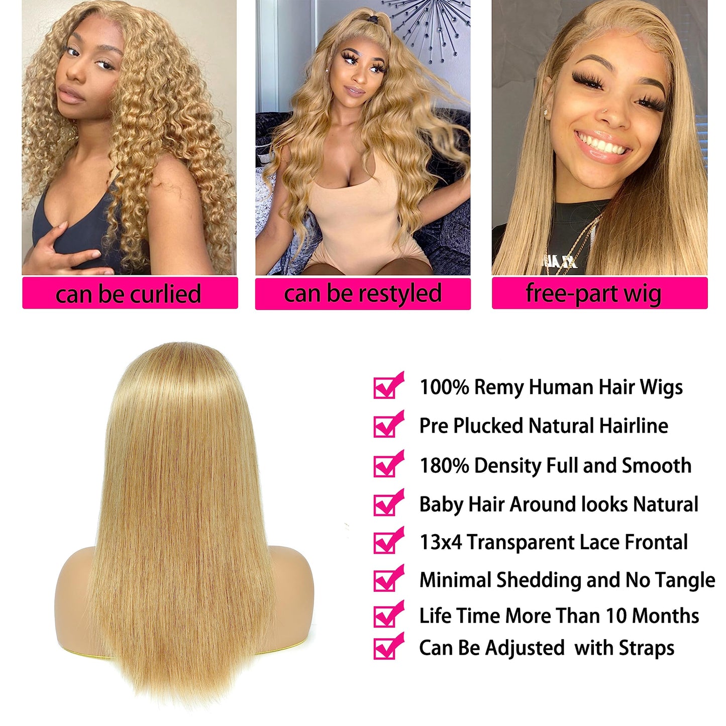 Straight 13x4 Lace Front Human Hair Wig For Black Women（16inch，180% Density）Honey Blonde Pre plucked Natura Hairline Transparent Lace Frontal Wig Brazilian Remy Glueless Lace Wig