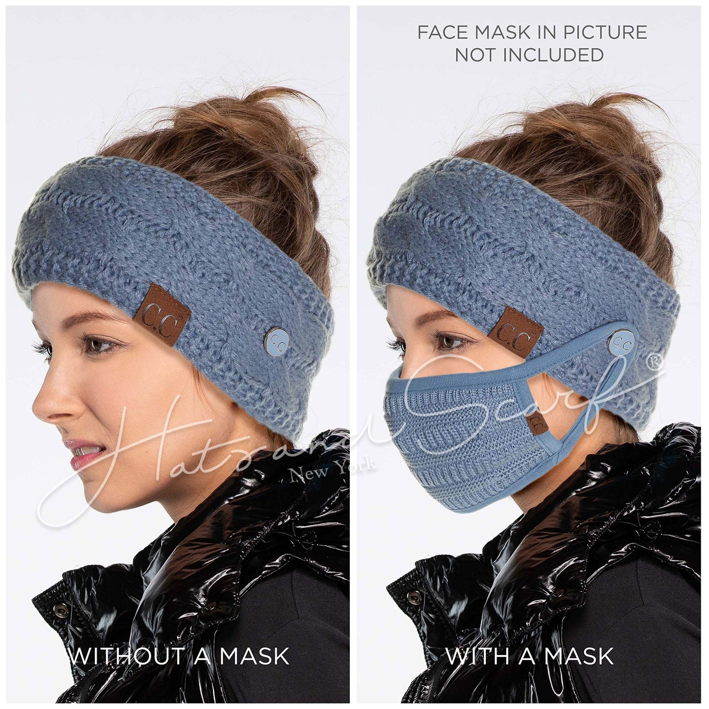 C.C Winter Fuzzy Fleece Lined Thick Knitted Headband Headwrap Epoxy Button for Face Masks (BHW-1) (A Button Rose)