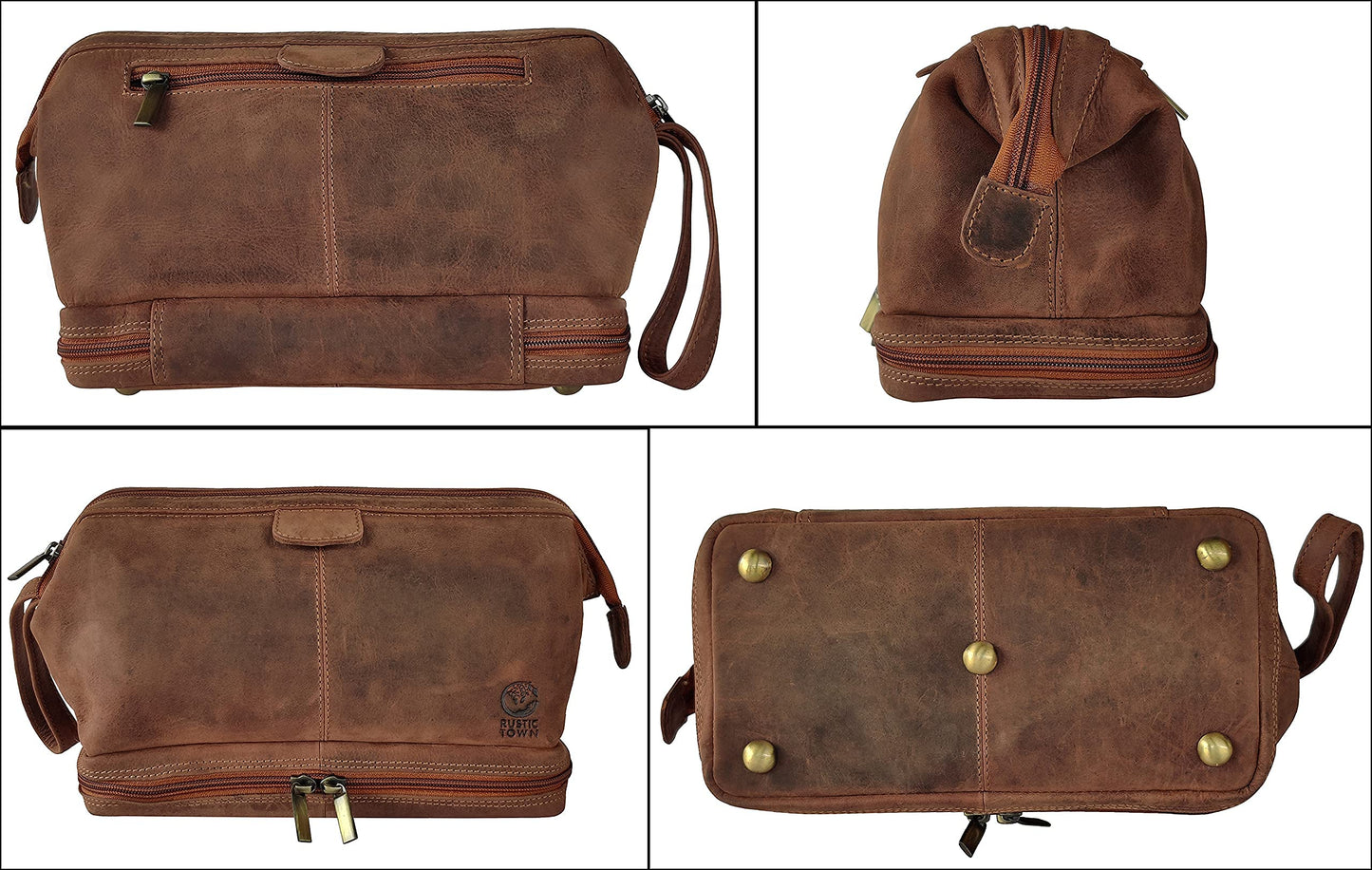 RUSTIC TOWN Handmade Quality Leather Toiletry Bags Combo - The Best Masculine Travel Gift For Men and Women