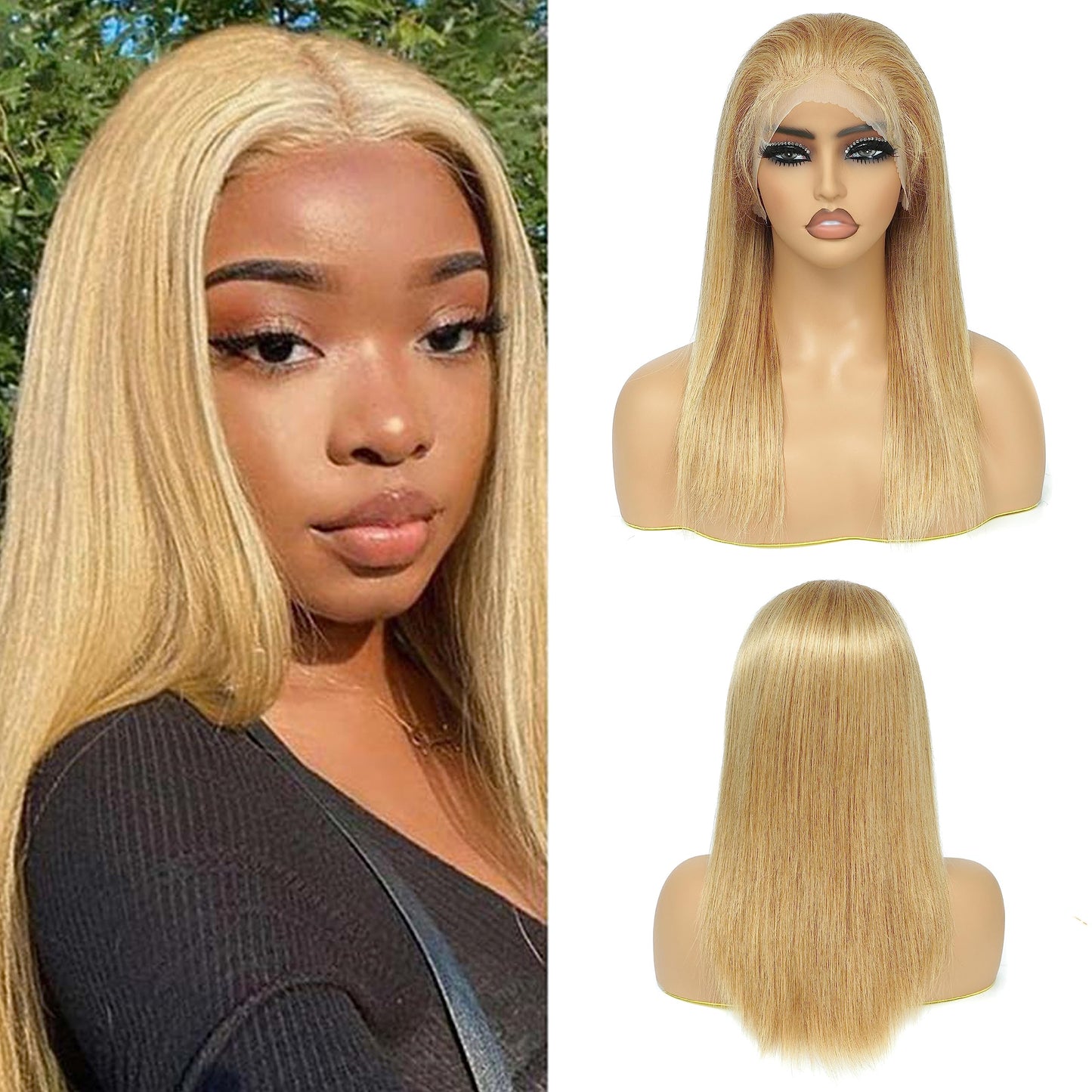Straight 13x4 Lace Front Human Hair Wig For Black Women（16inch，180% Density）Honey Blonde Pre plucked Natura Hairline Transparent Lace Frontal Wig Brazilian Remy Glueless Lace Wig