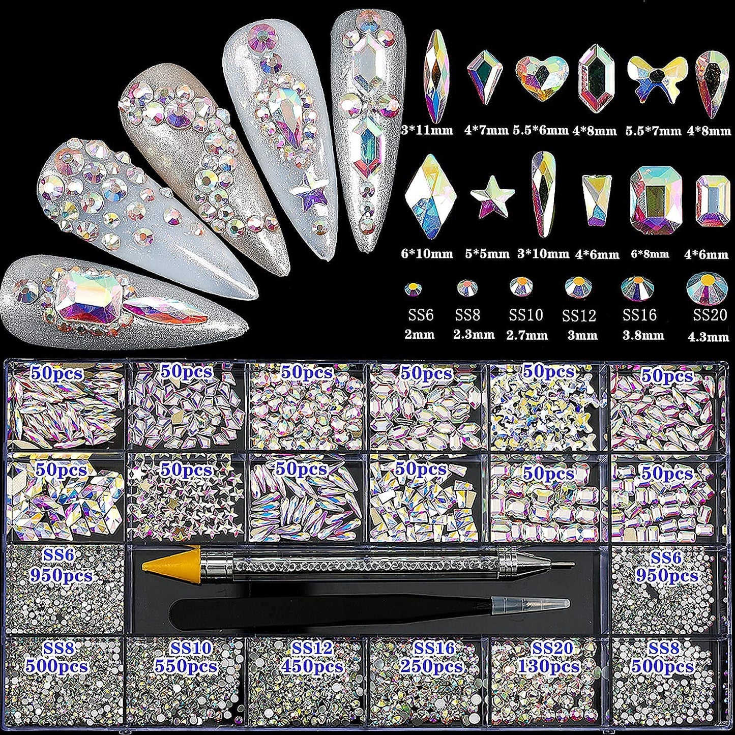 4880Pcs Rhinestones for Nail, AB Champagne Crystal Nail Rhinestones Set, Nail Round Beads Flatback Glass Gems Stones, Multi Shapes Nail Rhinestones for Nail DIY Crafts Clothes Shoes Jewelry