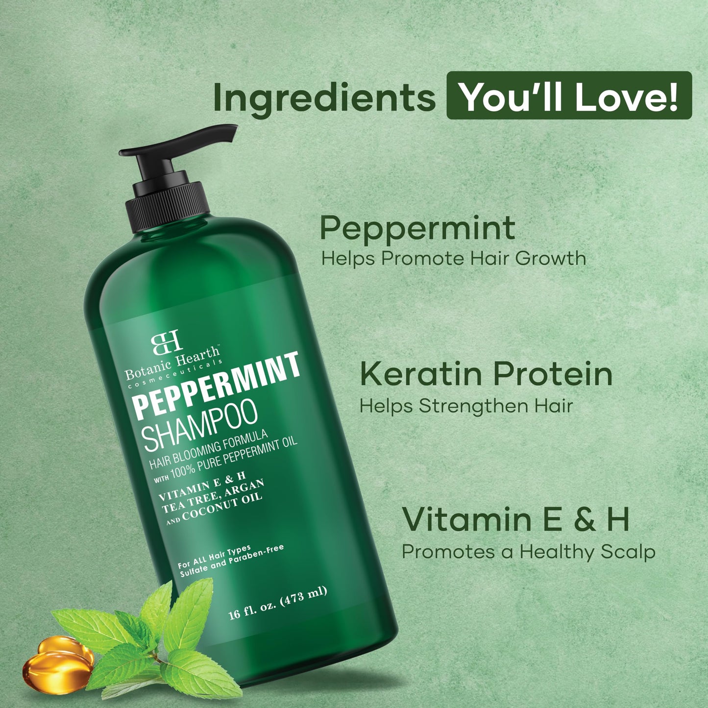 Botanic Hearth Peppermint Oil Shampoo - Hair Blooming Formula with Keratin for Thinning Hair - Fights Hair Loss, Promotes Hair Growth - Sulfate Free for Men and Women - 16 fl oz